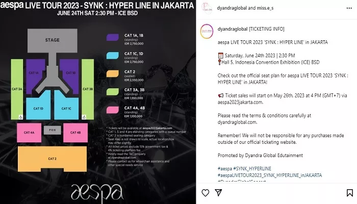 Seating plan konser aespa di Indonesia Convention Exhibition (ICE) BSD, Tangerang. (Tangkapan Layar: Instagram @dyandraglobal)