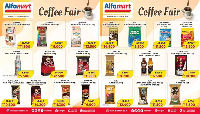 Katalog promo Alfamart Jumat ,12 Januari 2024 tersedia adanya produk kopi kapal api mulai dari harga Rp10 ribuan. (Foto: Instagram @alfamart)