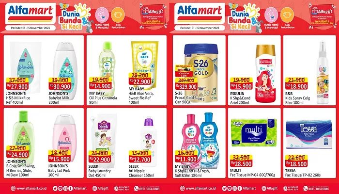 Katalog Promo Alfamart pada hari ini Rabu, 15 November 2023 sudah tersedia diskon produk kebutuhan si kecil mulai dari Rp11 ribuan. (Foto: Instagram @alfamart)