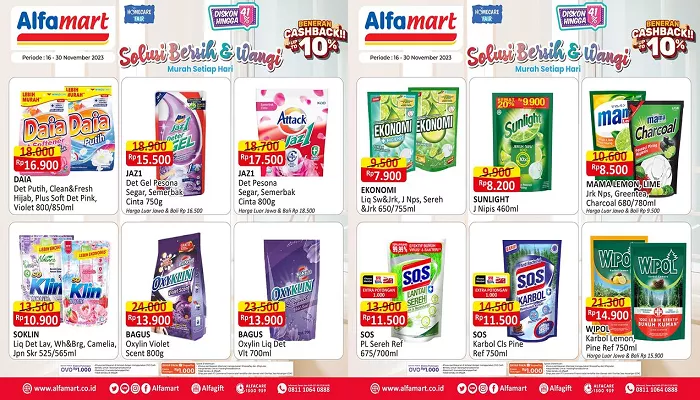 Katalog Promo Alfamart pada hari ini Jumat, 17 November 2023 sudah tersedia dengan diskon dari produk sabun cuci piring dan baju mulai dari Rp7 ribuan.