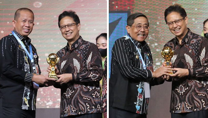 Wali Kota Jakarta Utara Ali Maulana Hakim dan Bupati Kepulauan Seribu Junaedi saat menerima penghargaan UHC dari Wapres Maruf Amin diwakili oleh Kepala BPJS Kesehatan Cabang Jakarta Utara, Ropik Patriana. (terasjakarta/bpjs)