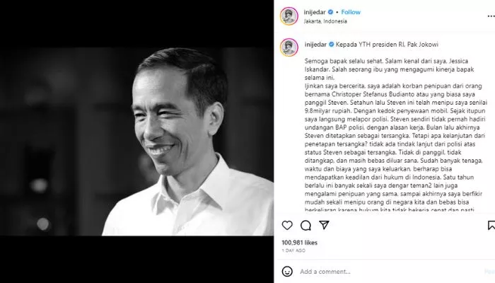 Jessica Iskandar curhat di media sosial Instagram minta atensi dari Presiden Joko Widodo soal kelanjutan kasus penipuan oleh Steven. (Foto: Instagram @inijedar)