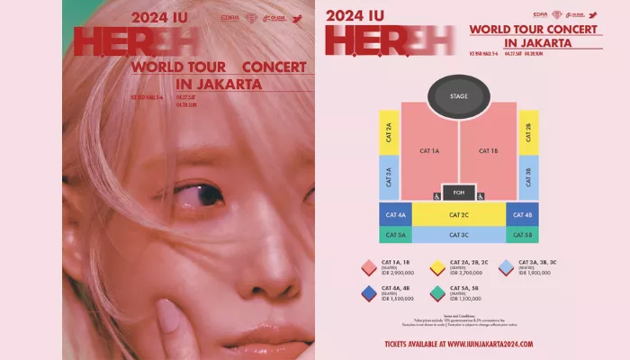 Terungkap harga tiket konser IU H.E.R World Tour di ICE BSD City, Tangerang pada 27-28 April 2024 mulai Rp1,1 juta hingga Rp2,9 juta. (Foto: X @ckstarid)
