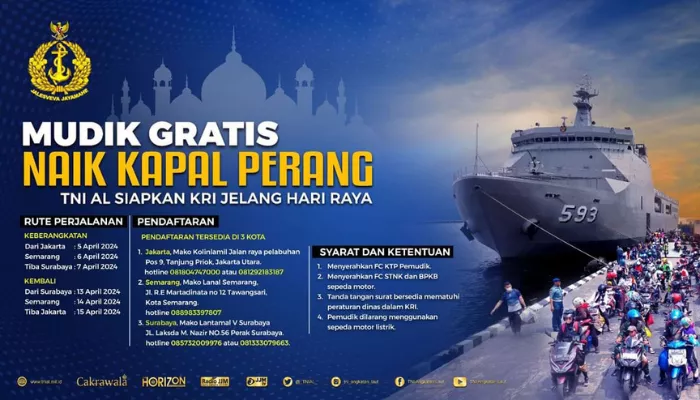 Mudik gratis naik kapal perang TNI AL kembali digelar. Simak rute, jadwal, dan cara daftarnya! (Foto: Dok. TNI AL)