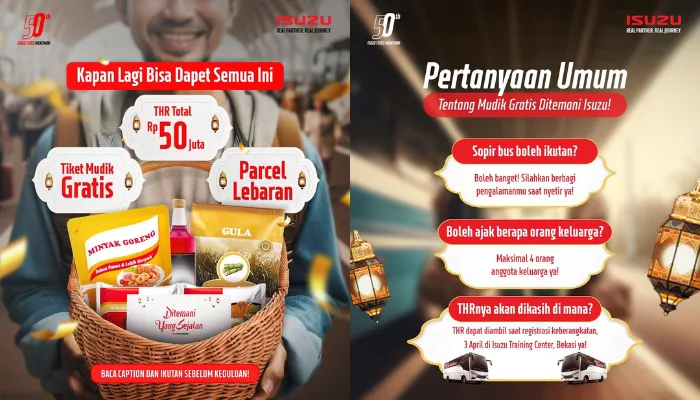 Isuzu Indonesia gelar mudik gratis untuk sopir truk dan bus. Simak informasi lengkapnya berikut ini. (Foto: Instagram @isuzuid)