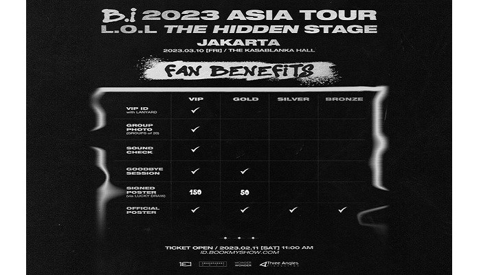 Fans Benefit konser B.I yang akan berlangsung di The Kasablanka Hall, Kota Kasablanka, Jakarta, Maret 2023 (Instagram/@threeanglesproduction)