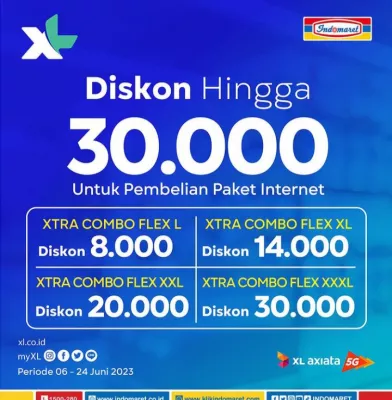 Katalog Promo Indomaret Diskon hingga 30.000 untuk Pembelian Paket Internet XL periode 6 - 24 Juni 2023. (foto: indomaret)