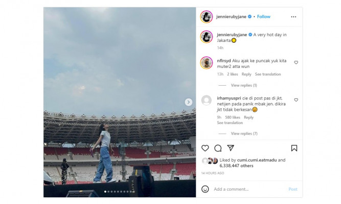 Jennie BLACKPINK unggah foto saat konser di SUGBK. (Instagram/@jennierubyjane)