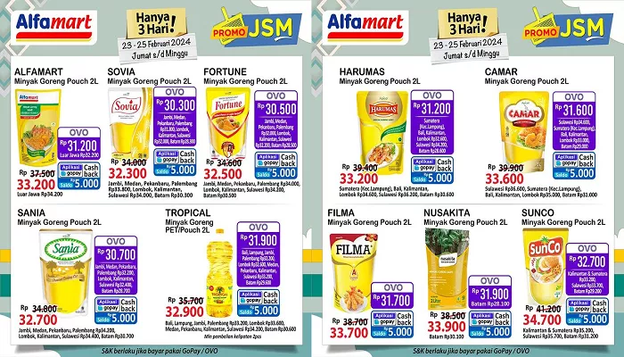 Berikut adalah katalog promo JSM Alfamart Jumat, 23 Februari 2024 yang tersedia, salah satunya diskon minyak goreng mulai Rp32 ribuan saja. (Foto: Instagram @alfamart)