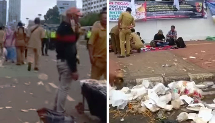 Sampah berserakan di Jalan Gatot Subroto dampak adanya unjuk rasa Kepala Desa seluruh Indonesia di depan gedung DPR/MPR RI. (instagram/@jakut.info)