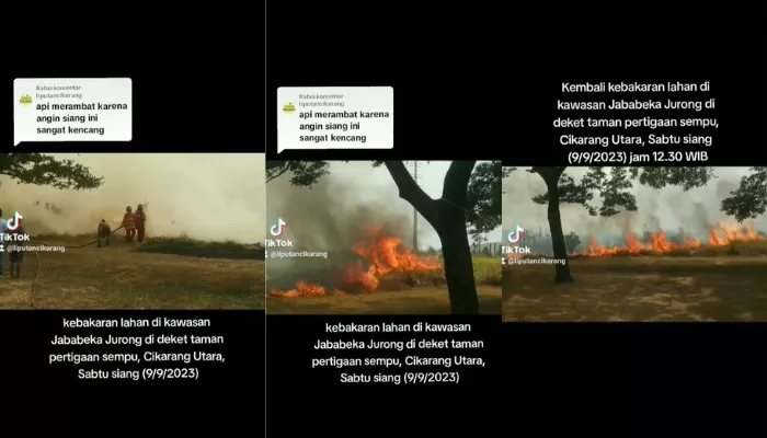 Kebakaran lahan di Jababeka Jurong, Cikarang Utara hari ini Sabtu, 9 September 2023. Angin kecang membuat api cepat merambat ke area lain. (Foto: Instagram @liputran cikarang)