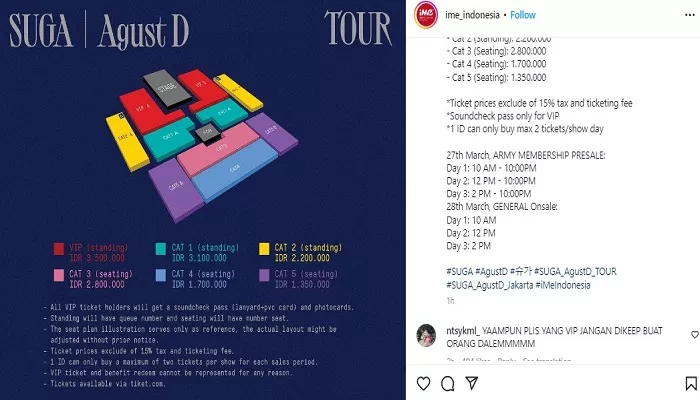 Seat map dan harga tiket konser Suga BTS di Indonesia. (Instagram/@ime_indonesia)
