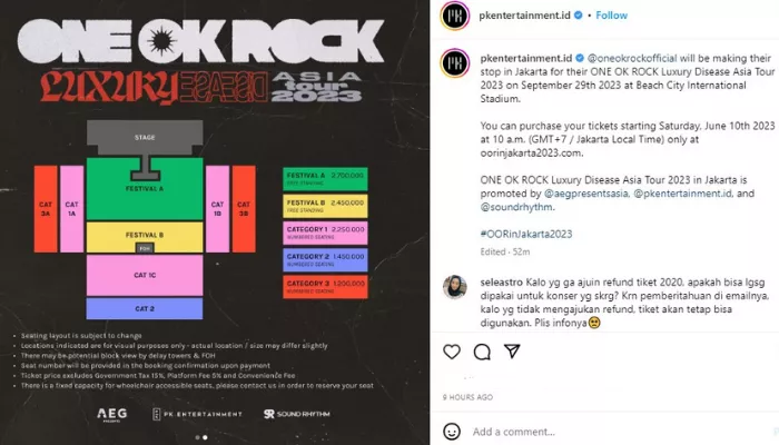 Seat map konser ONE OK ROCK di Jakarta pada 29 September 2023. (Foto: Instagram @pkentertainment.id)
