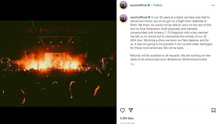 Pernyataan Saosin soal batal tampil di Hammersonic Festival 2023. (Tangkapan layar/Instagram @saosinofficial)
