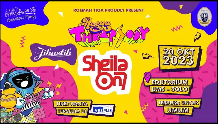 Harga dan cara beli tiket konser Sheila On 7 di Roega Thrapsody Solo 20 Oktober 2023 yang mulai dijual Rp275 ribu. (foto: yesplis.com)