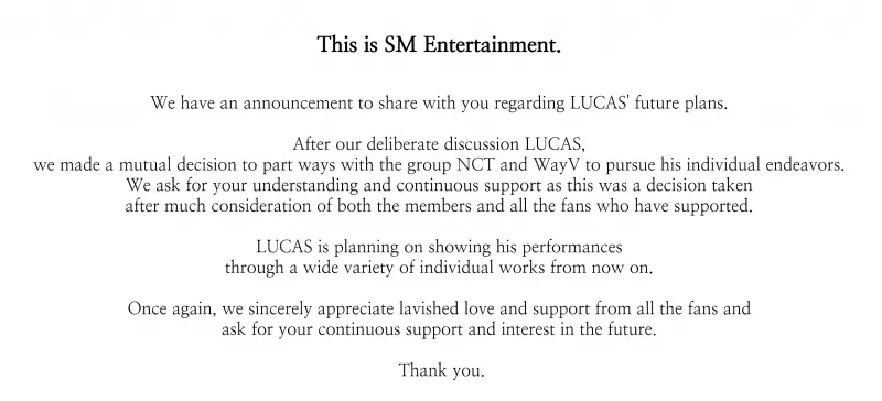 Penyataan yang dirilis oleh SM Entertaiment terkat kebar hengkangnya Lucas dari NCT dan WayV. (Foto: Soompi)