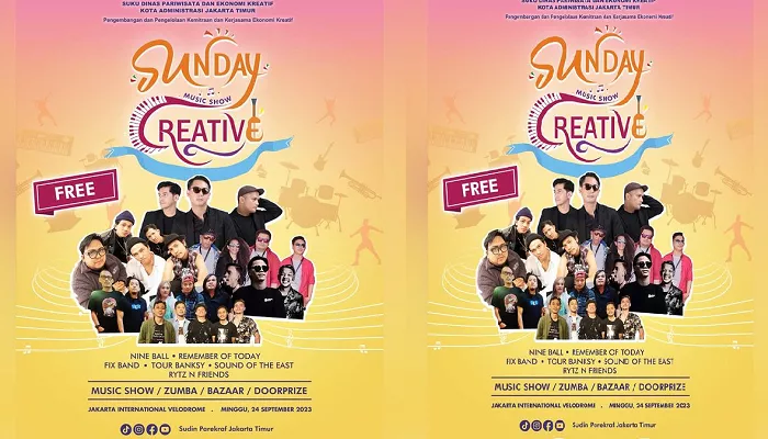 Event Jakarta 2023 untuk di akhir pekan akan hadir Sunday Creative Music Show pada 24 September di Jakarta Velodrome dengan mengundang Nineball. (Foto: Instagram @parekraf_jaktim)