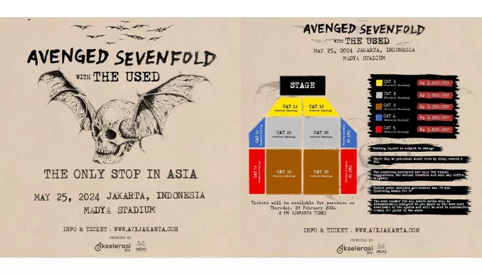 Harga tiket konser Avenged Sevenfold di Jakarta 25 Mei 2024. (Foto: Instagram @akselerasi.ent)
